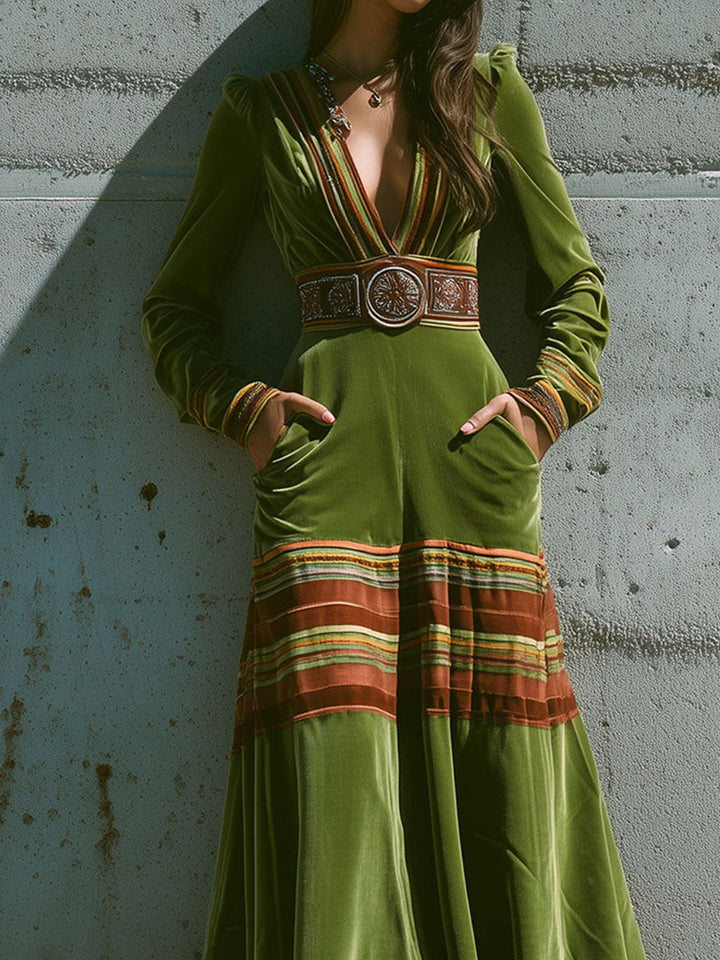 Morgan & Brooke | Olive Green Striped Hem Maxi Velvet Dress