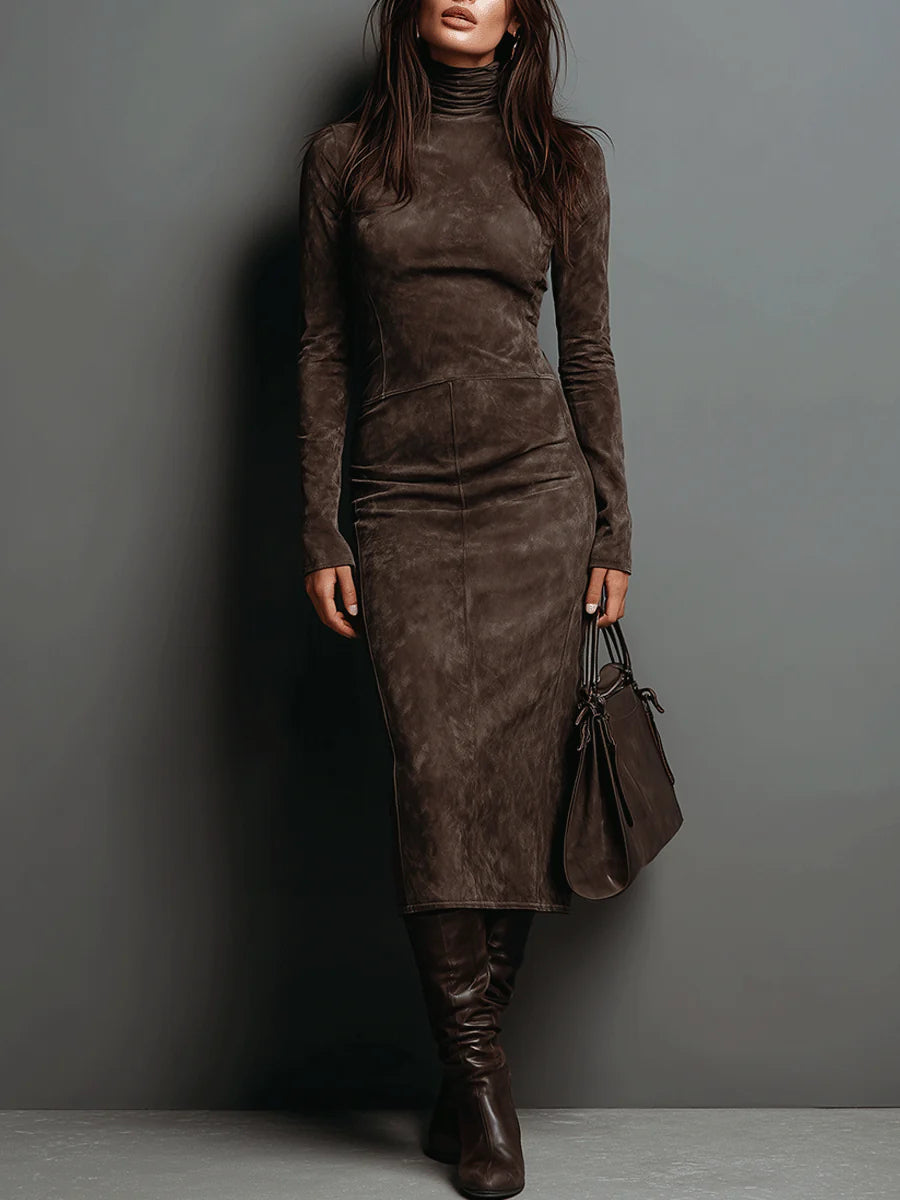 Morgan & Brooke | Long-Sleeve Midi Suede-Feel Dress