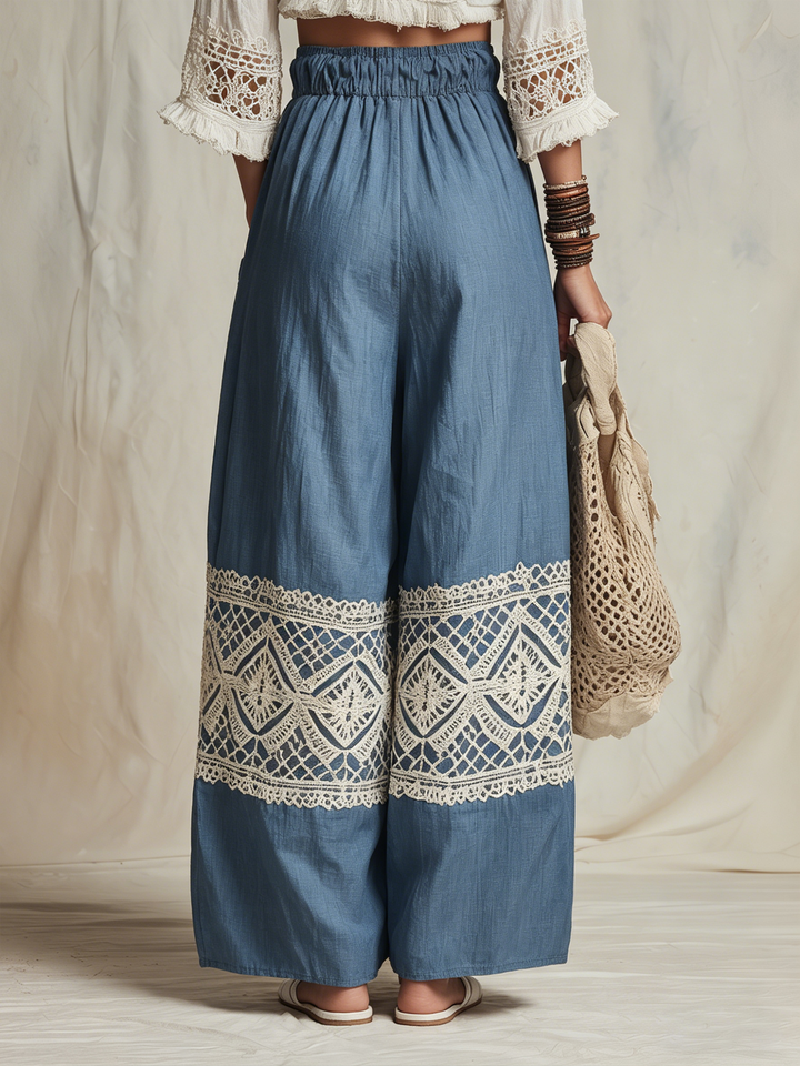 Morgan & Brooke | Blue Harem Cut, Crochet Lace Trim Linen Pants