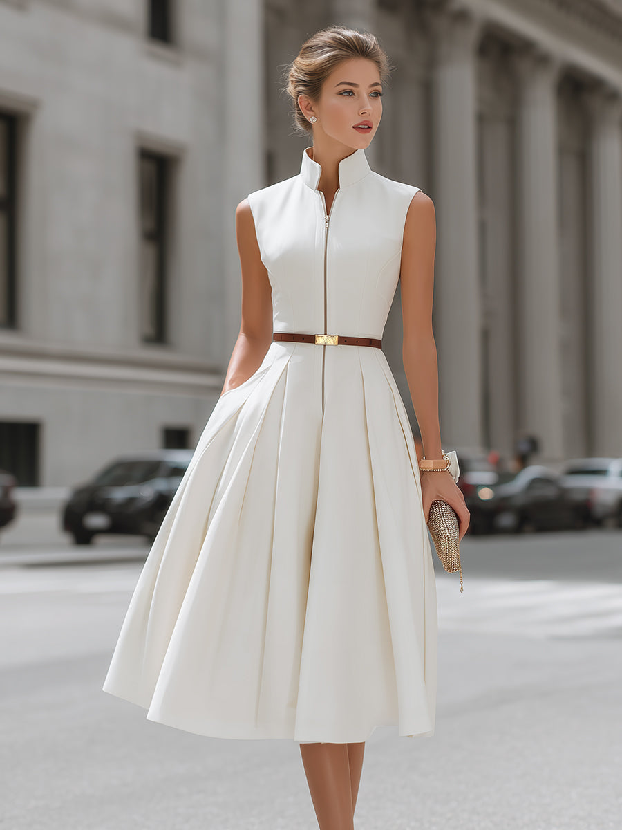 Morgan & Brooke | Black Zip-Front High-Neck Ponte Midi Dress