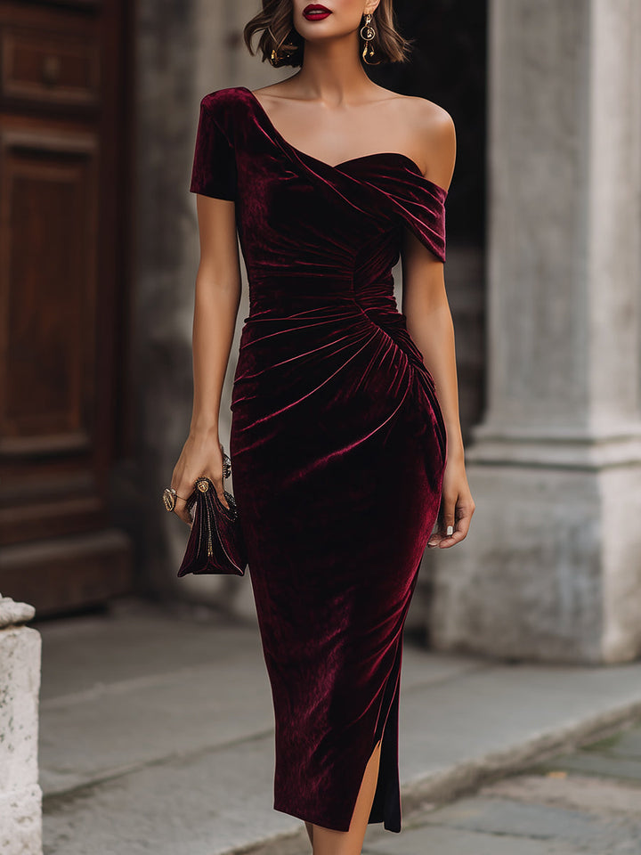 Morgan & Brooke | Midnight Asymmetrical Off-Shoulder Velvet Midi Dress