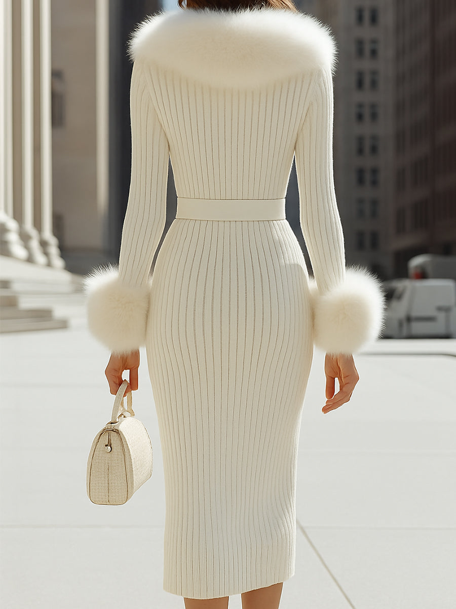 Morgan & Brooke | White Faux-Fur Trim Midi Ribbed Knit Dress