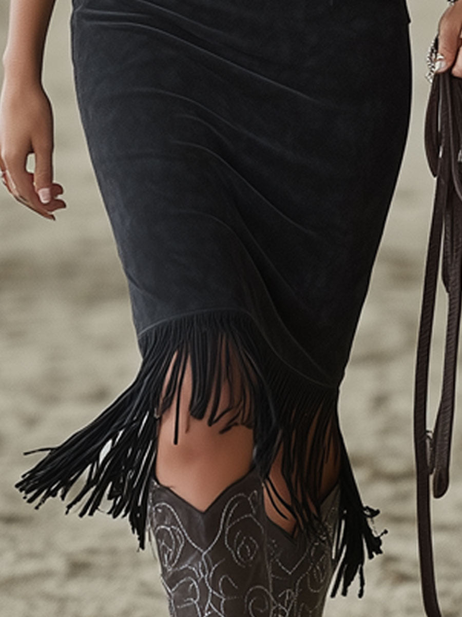 Morgan & Brooke | Black Faux Suede Floral Casual Dress