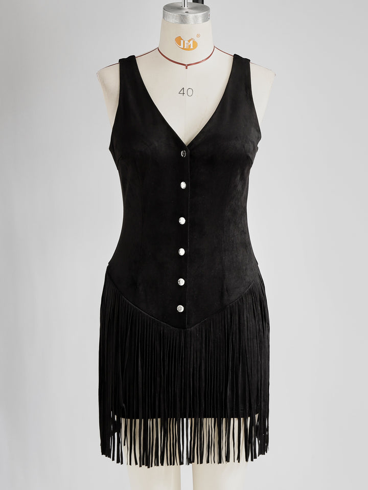 Morgan & Brooke | Black Faux Suede V-Neck Casual Dress