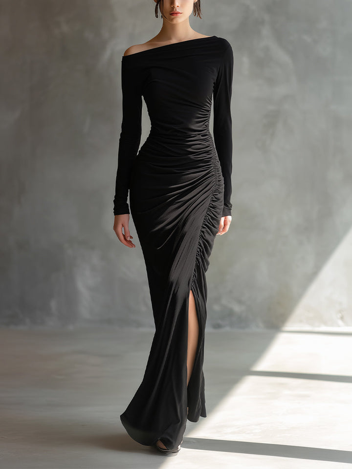 Morgan & Brooke | Black Jersey Ruched Evening Dress