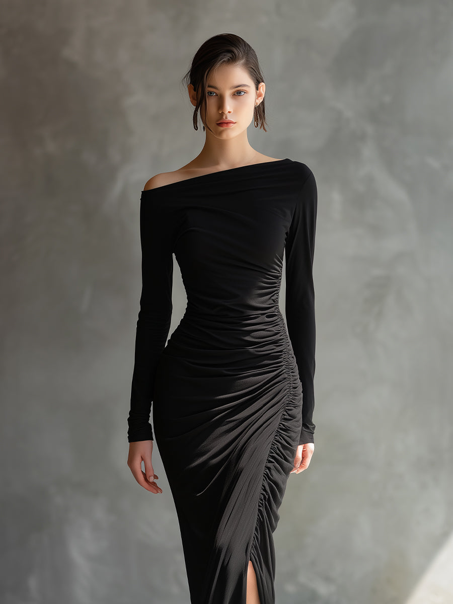 Morgan & Brooke | Black Jersey Ruched Evening Dress