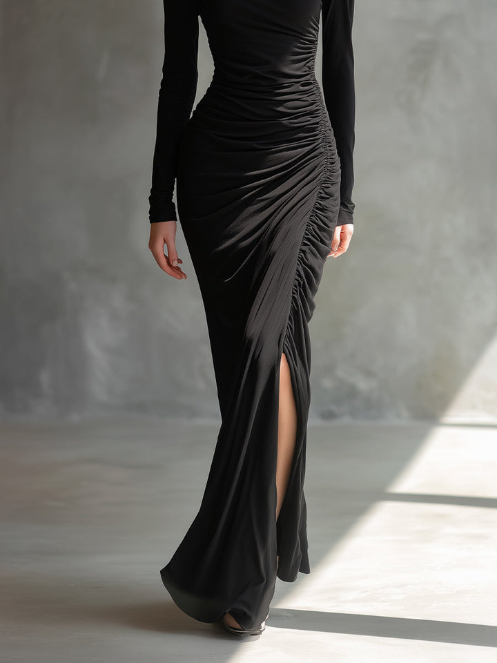 Morgan & Brooke | Black Jersey Ruched Evening Dress
