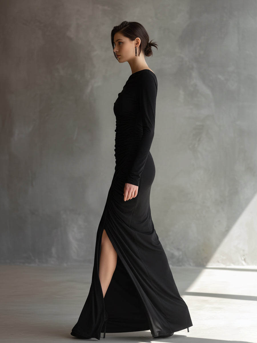 Morgan & Brooke | Black Jersey Ruched Evening Dress