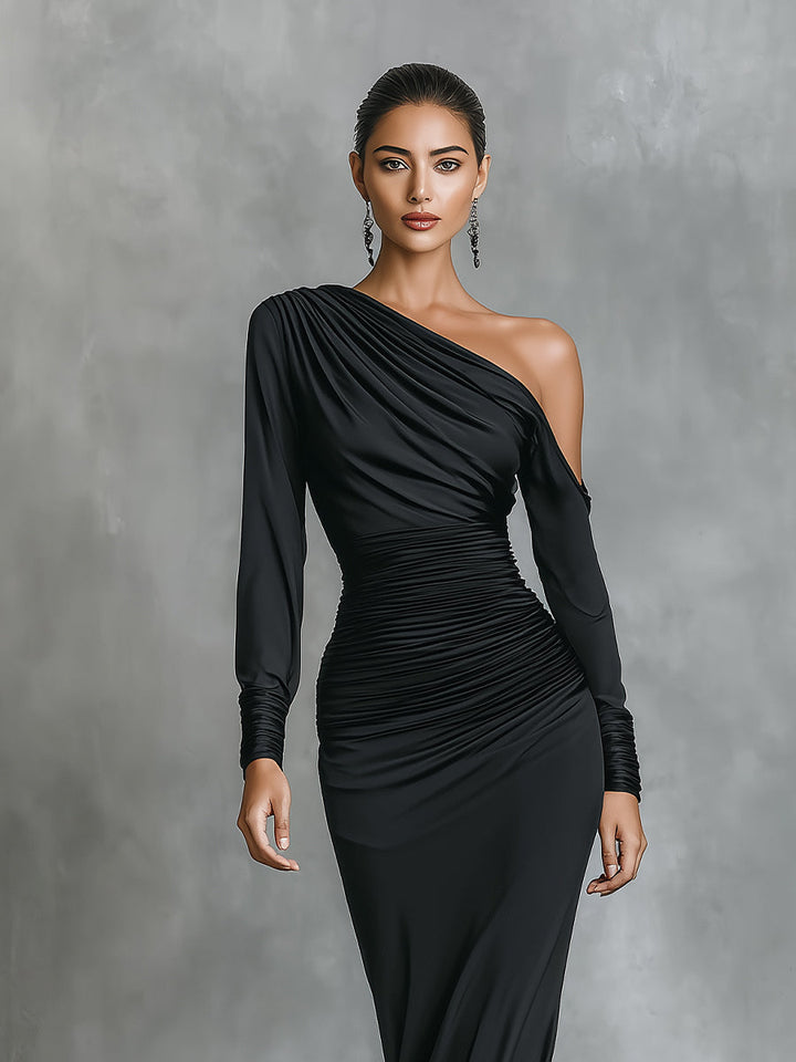 Morgan & Brooke | Black Satin Ruched Evening Dress