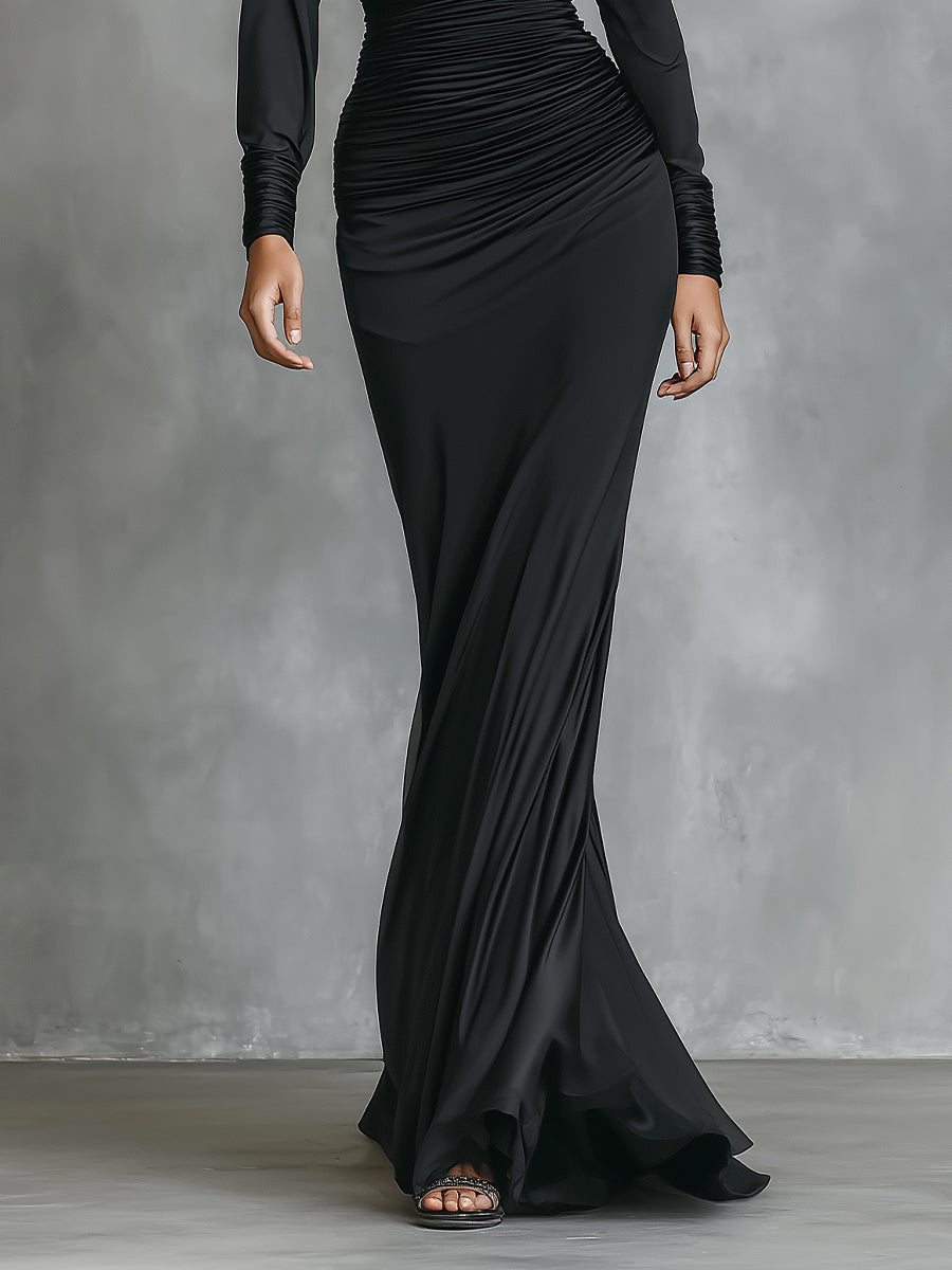 Morgan & Brooke | Black Satin Ruched Evening Dress