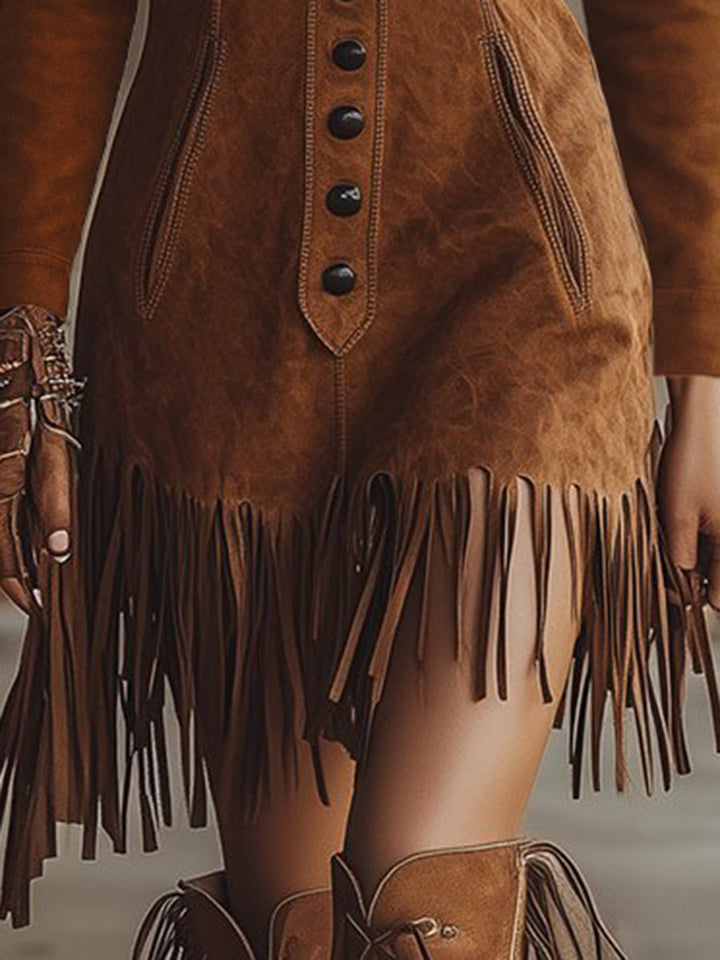 Morgan & Brooke | Brown Faux Suede Tassel Casual Dress