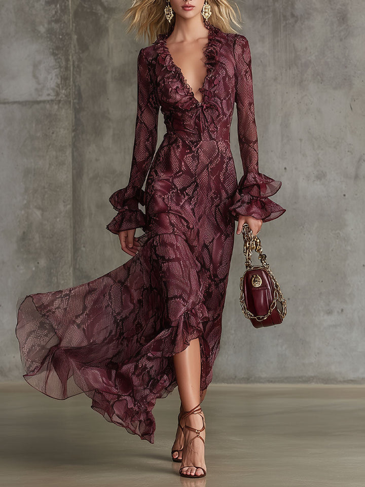 Morgan & Brooke | Burgundy Chiffon Ruffle Evening Dress