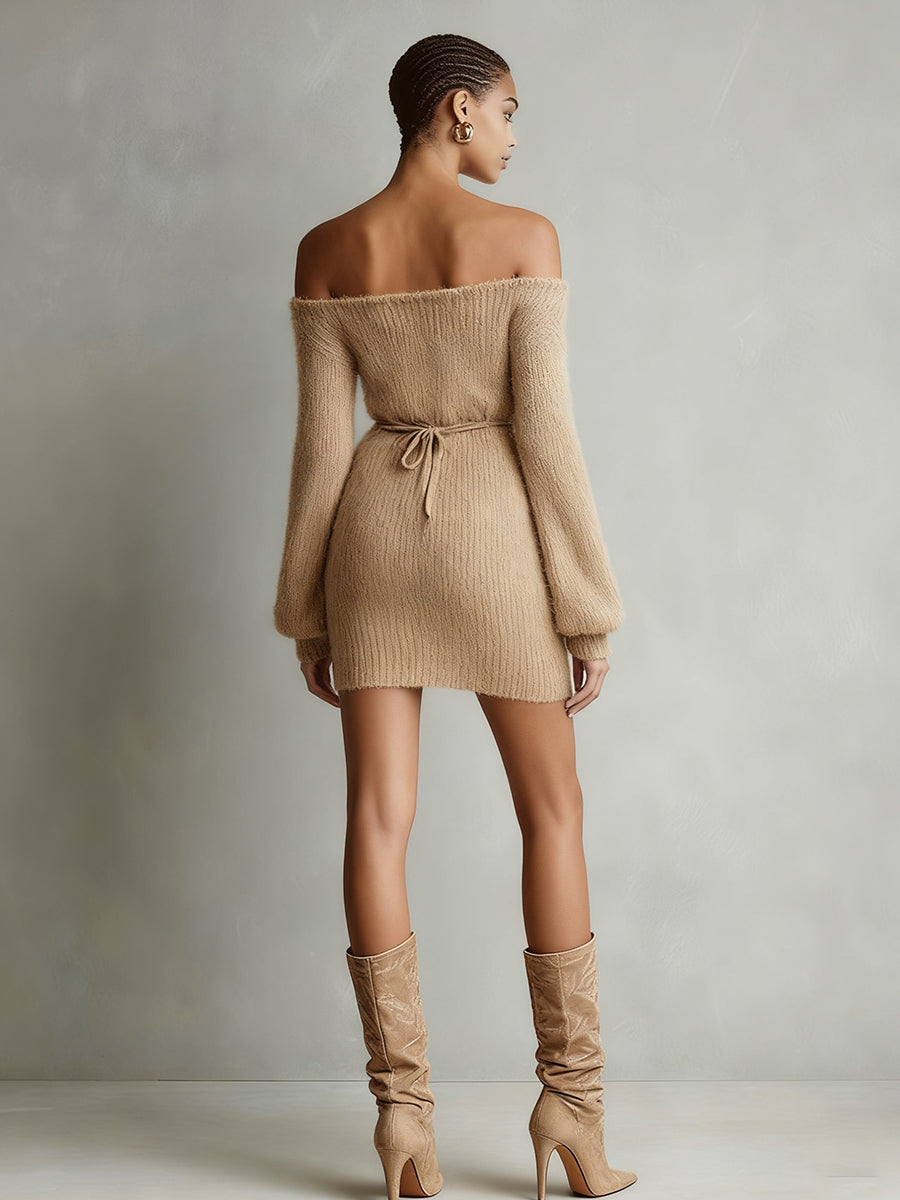 Morgan & Brooke | Camel Knit Off-Shoulder Evening Dress