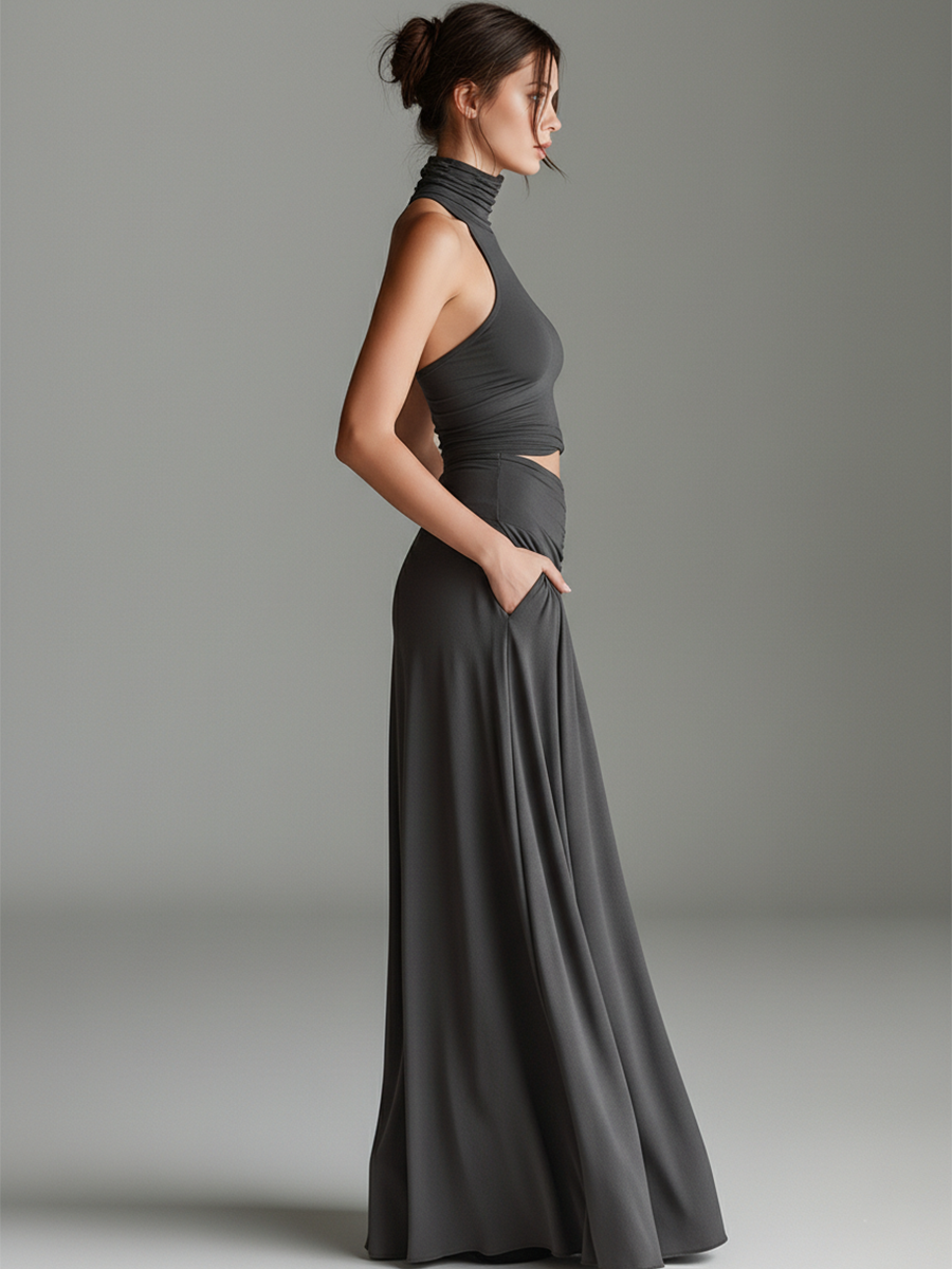 Morgan & Brooke | Charcoal Knit Turtleneck Evening Dress