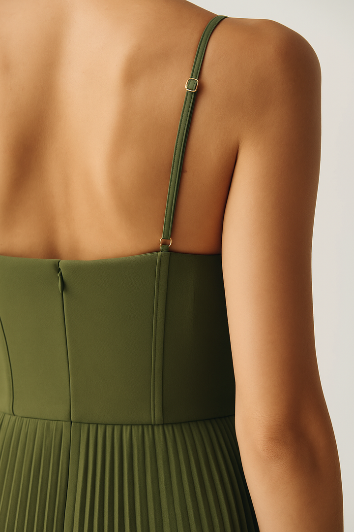 Morgan & Brooke | Ivory Structured Bodice, Pleated Skirt Crepe Midi Dress