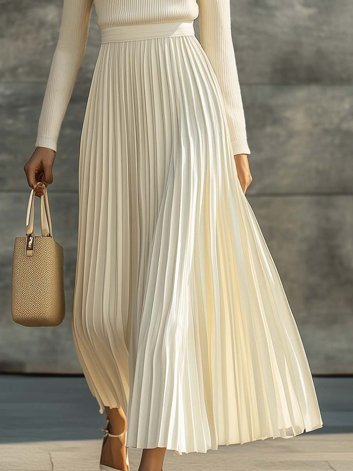 Morgan & Brooke | Cream Satin Pleated Casual Dress
