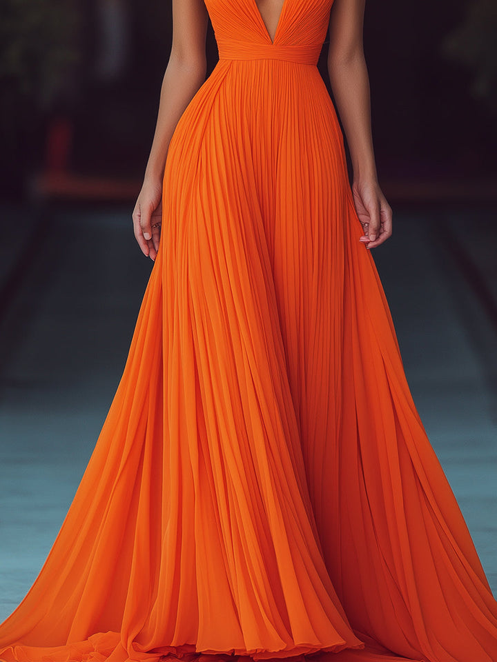 Morgan & Brooke | V-Neck Halter Pleated Chiffon Maxi Dress