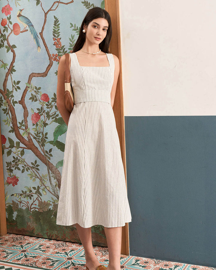 Morgan and Brooke | White Square Neck Striped Midi Dress