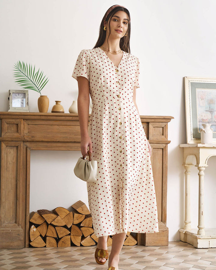 Morgan and Brooke | Beige V Neck Polka Dot Midi Dress