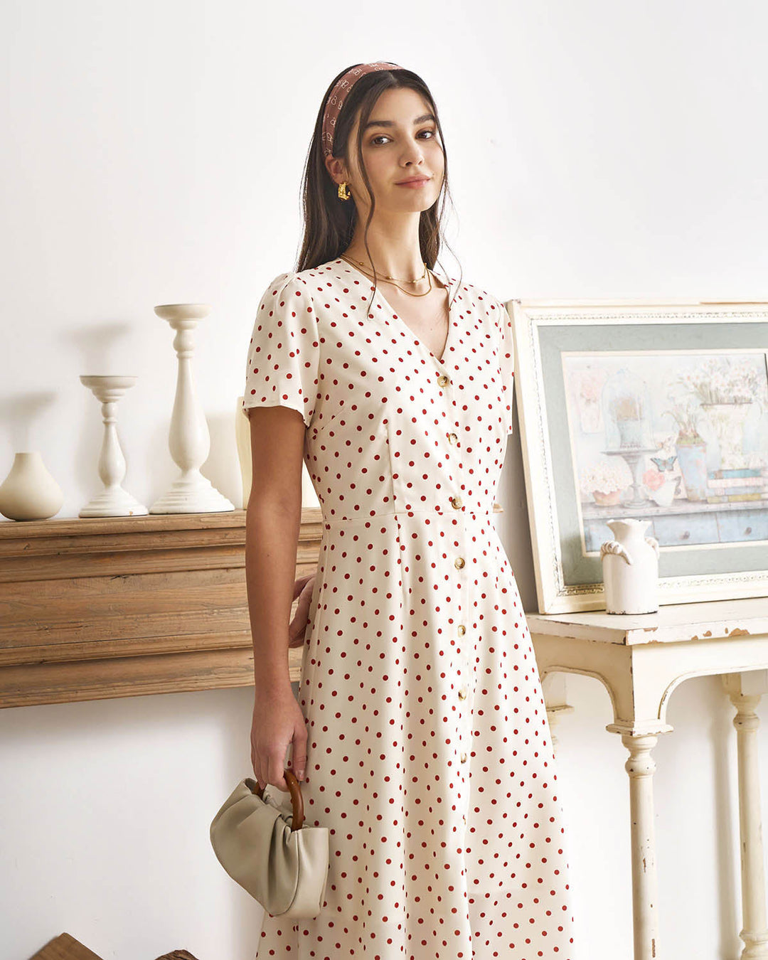 Morgan and Brooke | Beige V Neck Polka Dot Midi Dress