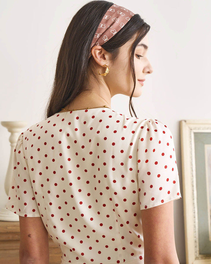 Morgan and Brooke | Beige V Neck Polka Dot Midi Dress
