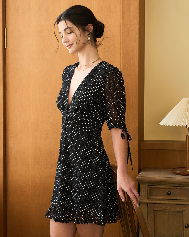 Morgan and Brooke | Black Deep V Neck Polka Dot Mini Dress