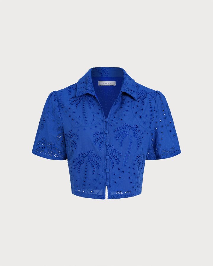 Morgan and Brooke | Textured Button Collar Blouse for Women in Blue