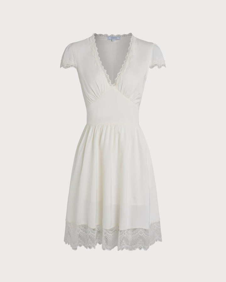 Morgan and Brooke | V Neck Lace Splicing Mini Dress for Women in Apricot