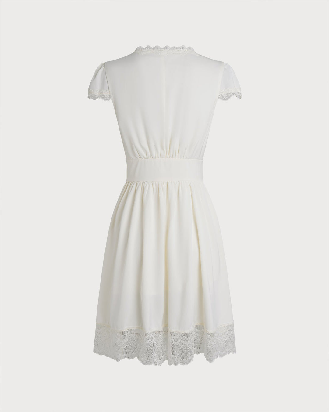 Morgan and Brooke | V Neck Lace Splicing Mini Dress for Women in Apricot