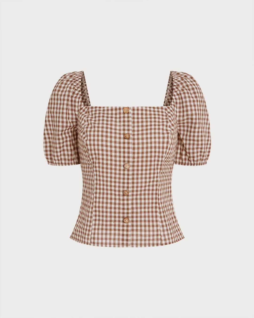 Morgan and Brooke | Brown Plaid Blouse for Women with Square Neck and Puffed Sleeves