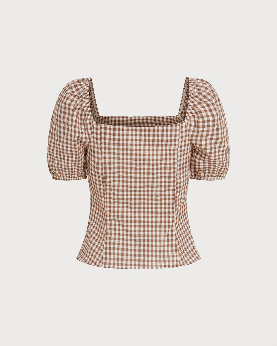 Morgan and Brooke | Brown Plaid Blouse for Women with Square Neck and Puffed Sleeves