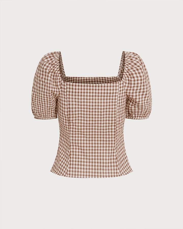 Morgan and Brooke | Brown Plaid Blouse for Women with Square Neck and Puffed Sleeves