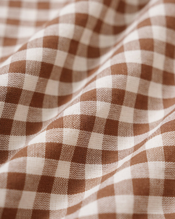 Morgan and Brooke | Brown Plaid Blouse for Women with Square Neck and Puffed Sleeves