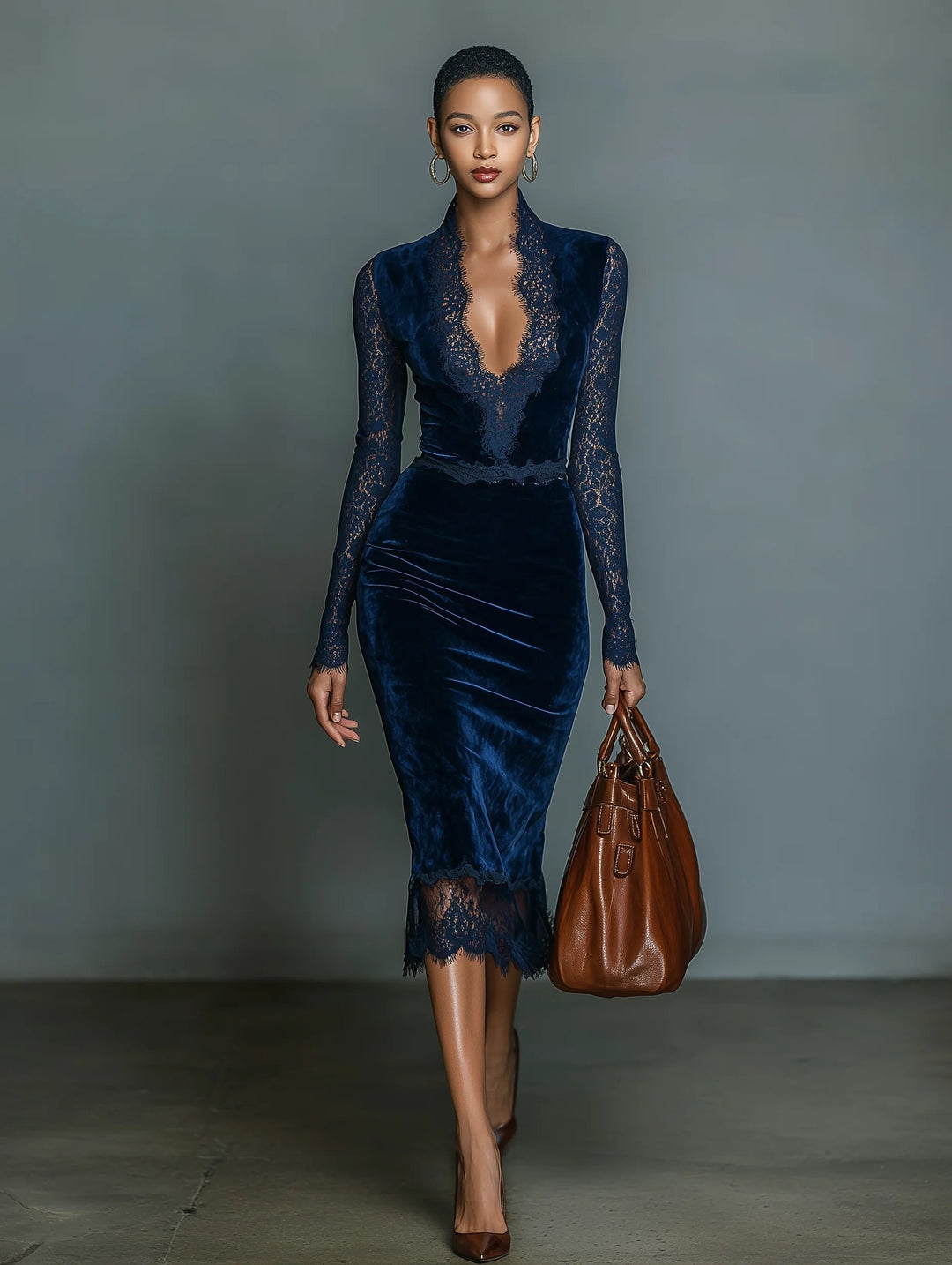 Morgan & Brooke | Dark Blue Velvet V-Neck Evening Dress