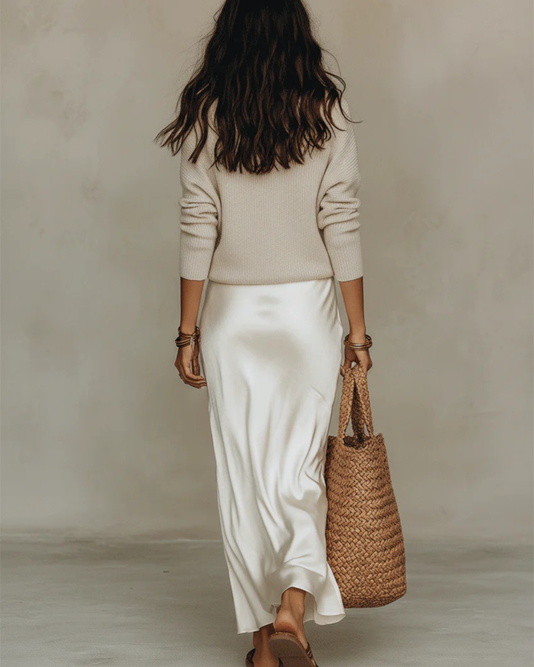 Morgan & Brooke | Champagne Midi Two-Piece Satin Dress & Knit Sweater Set