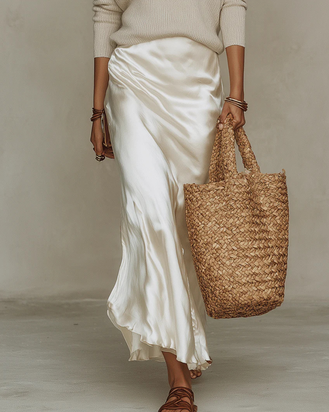 Morgan & Brooke | Champagne Midi Two-Piece Satin Dress & Knit Sweater Set
