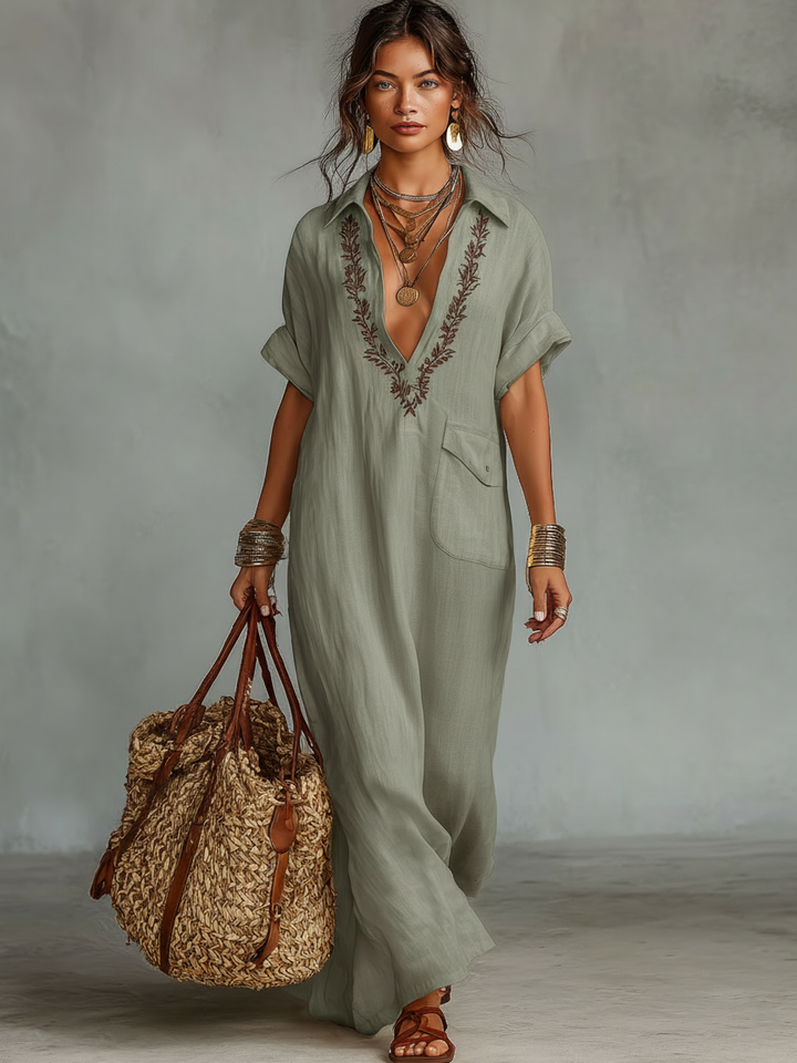 Morgan & Brooke | Red Linen Embroidered Dress