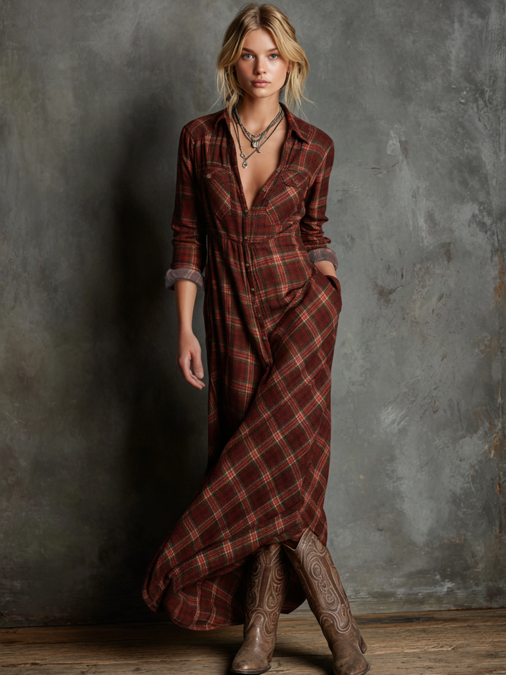 Morgan and Brooke | Plaid Lapel Single-Breasted Shirt Maxi Dress
