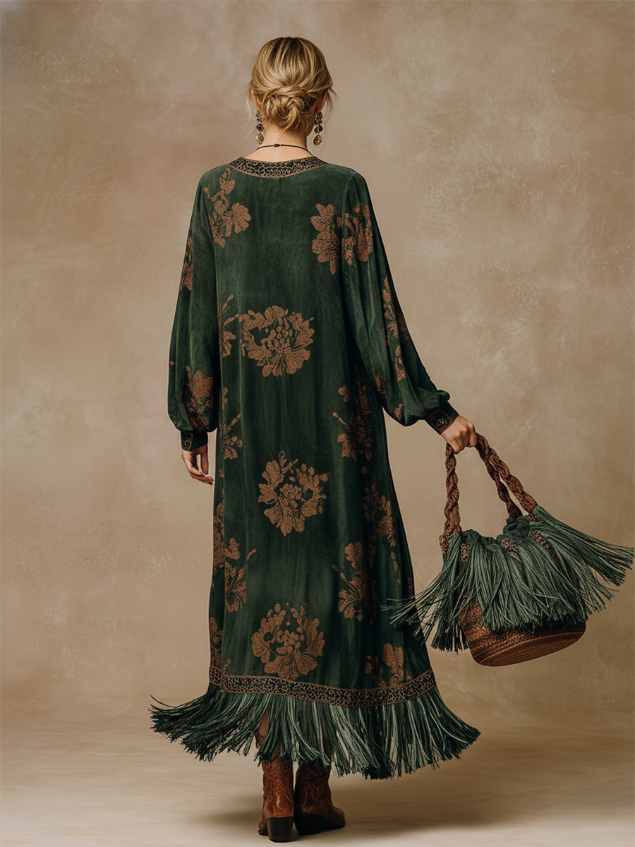 Morgan & Brooke | Green Faux Suede Tassel Dress