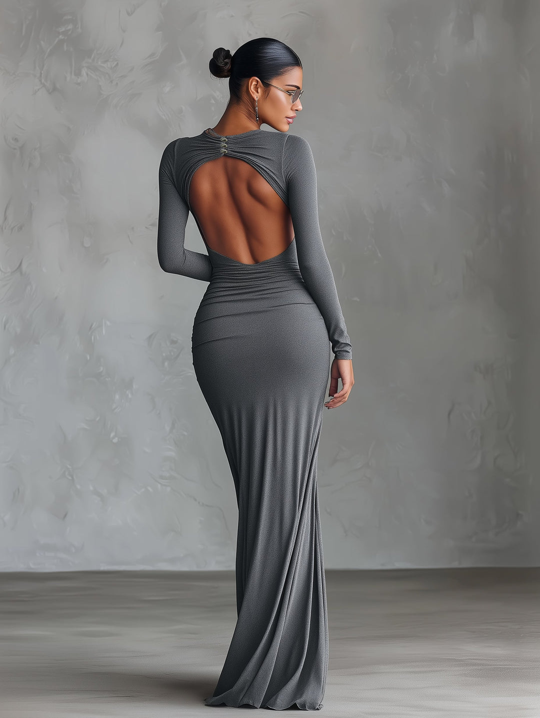 Morgan & Brooke | Grey Knit Ruched Evening Dress