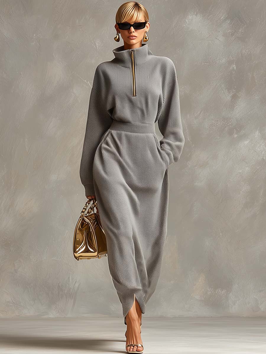Morgan & Brooke | Grey Waffle Long Sleeve Casual Dress