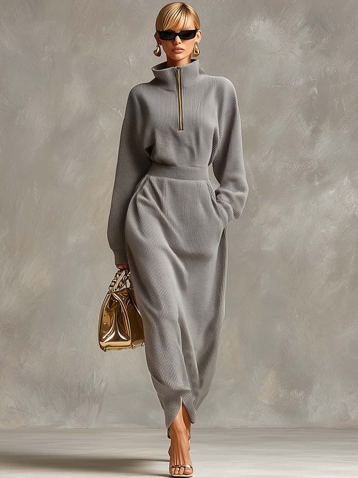 Morgan & Brooke | Grey Waffle Long Sleeve Casual Dress