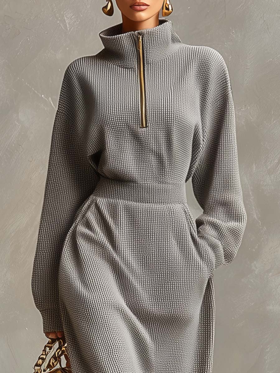 Morgan & Brooke | Grey Waffle Long Sleeve Casual Dress