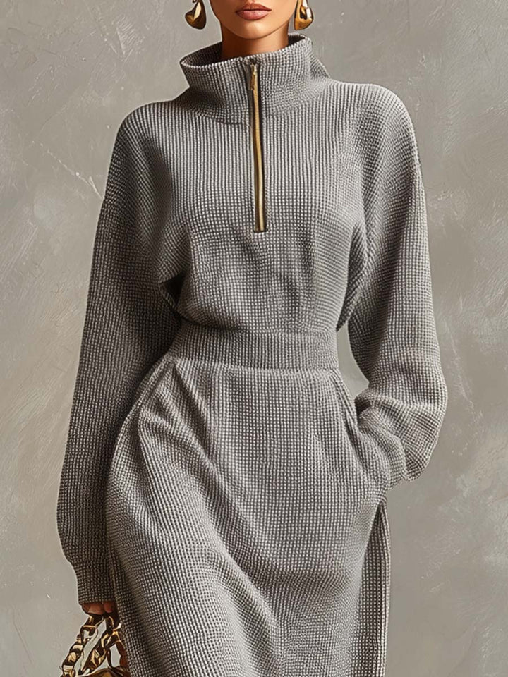 Morgan & Brooke | Grey Waffle Long Sleeve Casual Dress