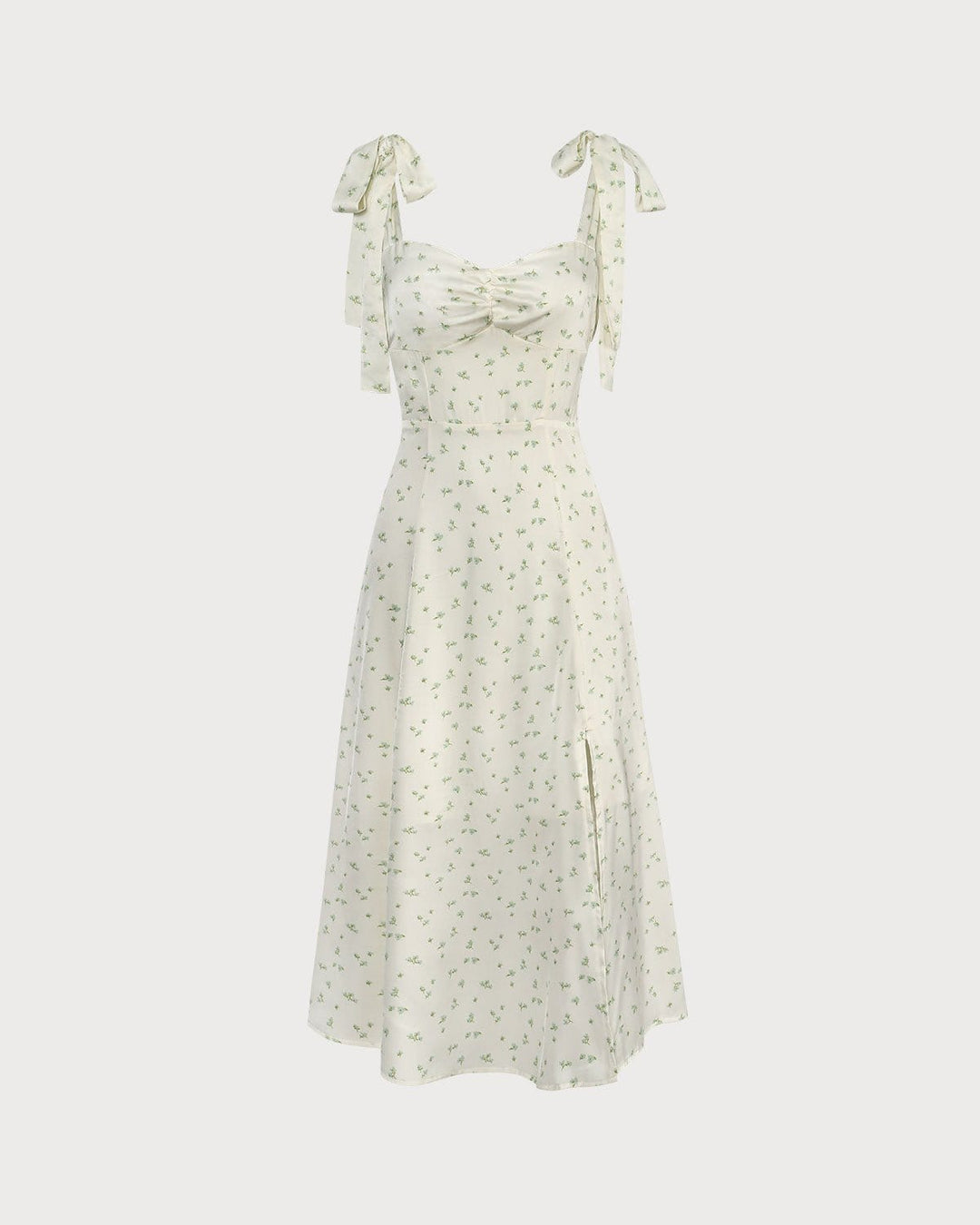 Morgan and Brooke | Light Green Satin Floral Tie Strap Midi Dress