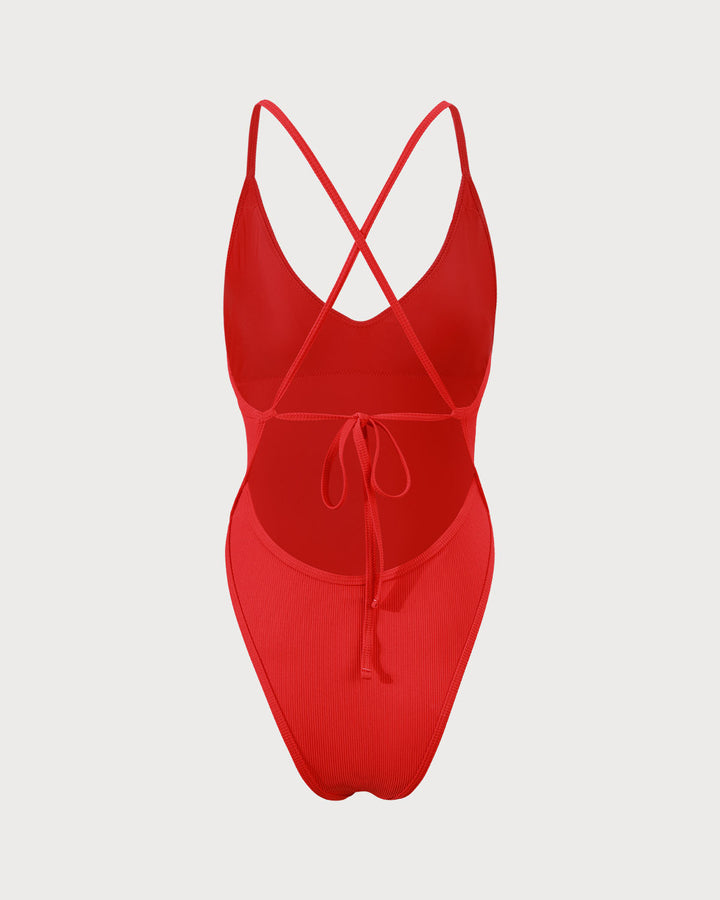 Morgan and Brooke | Ribbed Cross Back One Piece Swimwear for Women in Red