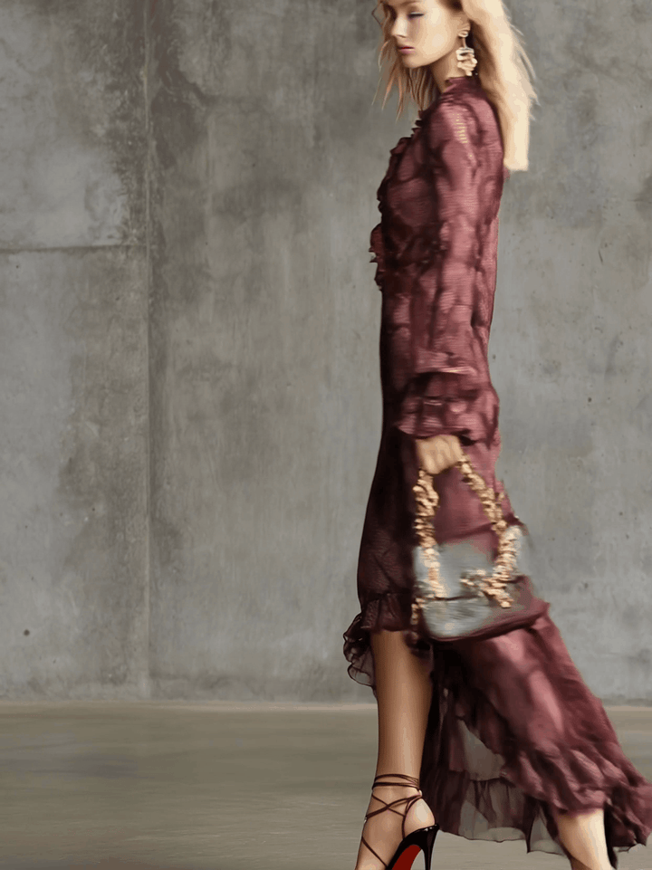 Morgan & Brooke | Burgundy Chiffon Ruffle Evening Dress