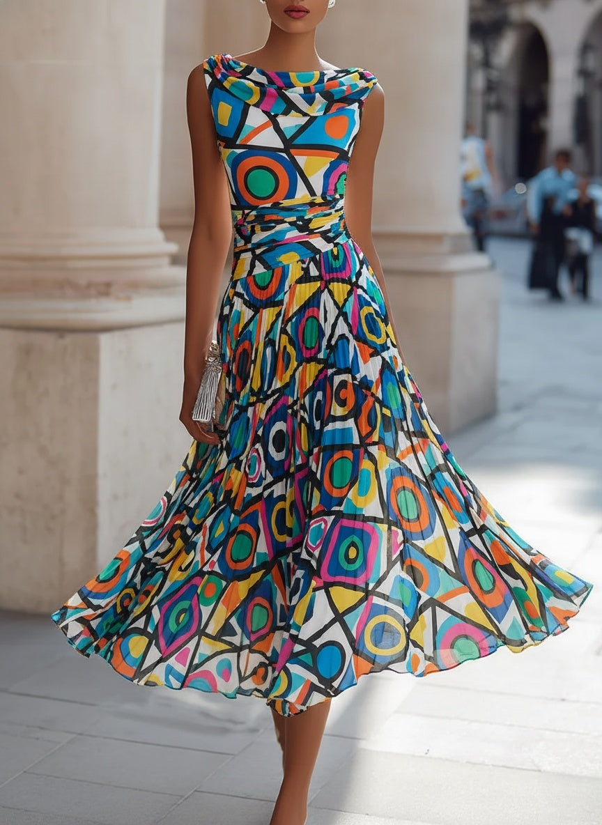 Morgan & Brooke | Geometric Print Draped Neck Pleated Midi Dress