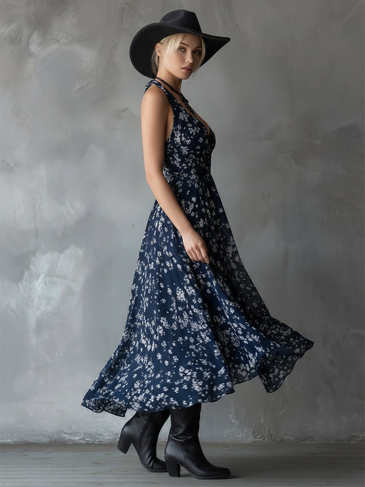 Morgan & Brooke | Navy Blue Chiffon Floral Dress
