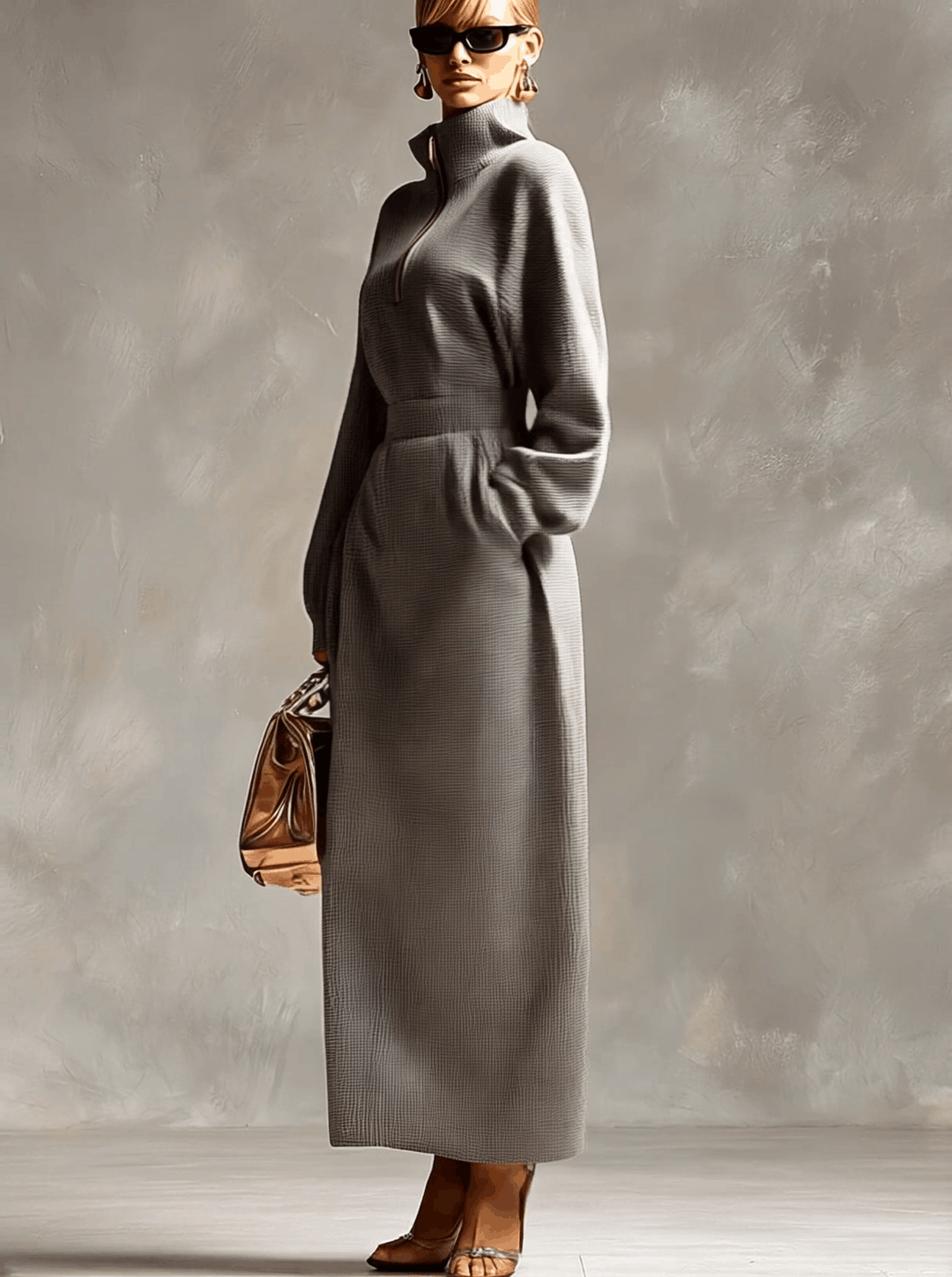 Morgan & Brooke | Grey Waffle Long Sleeve Casual Dress